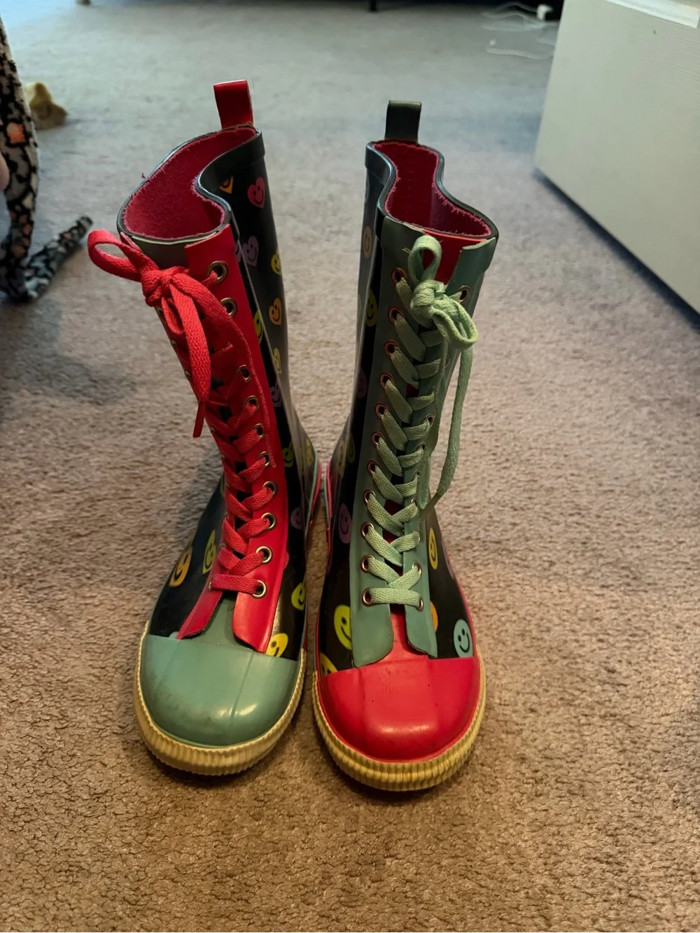 Colorful Smiley Face Rain Boots - Pink & Teal Accents